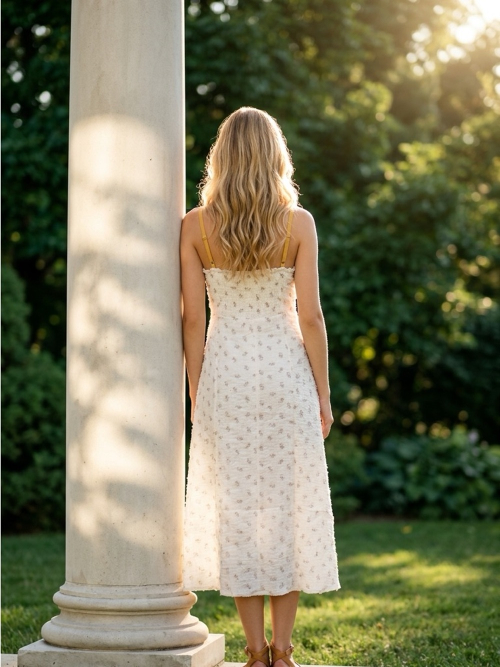 Rosie Posie Women's Cream Floral tea length midi Dress with Spaghetti Straps - Picture 2 of 5